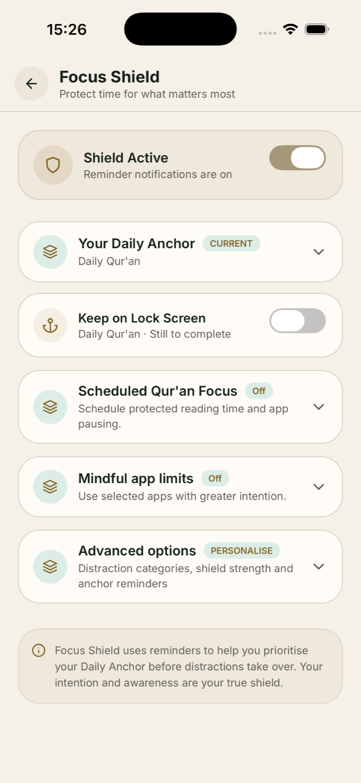 Focus Shield settings